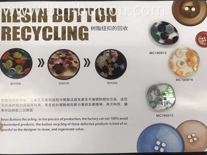 Clothing buttons made of resin fragments